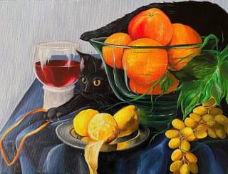 still life with a black cat